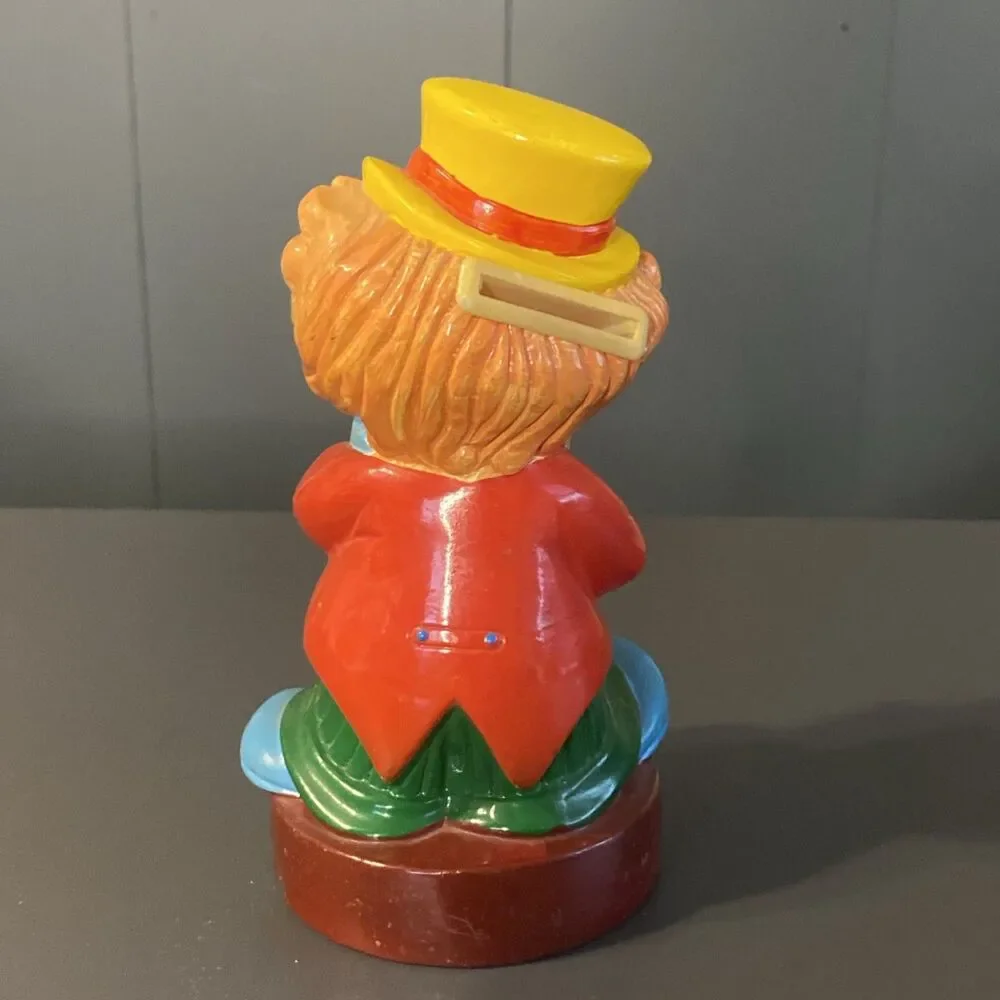 Vintage Clown Plastic Coin Piggy Bank Made in Taiwan 7” Tall Colorful Smiling